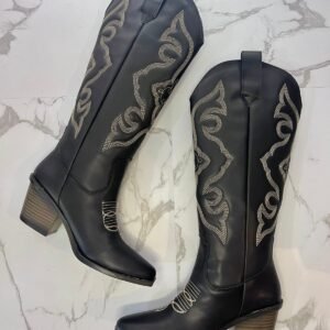 Bota vaquera 3-D bordada negra/latte