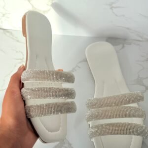 Sandalia 3 tiras brillos blanca
