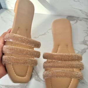 Sandalia 3 tiras brillos oro rosado