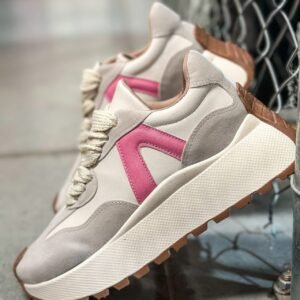 Tenis plataforma gris/rosa con lineas rosas
